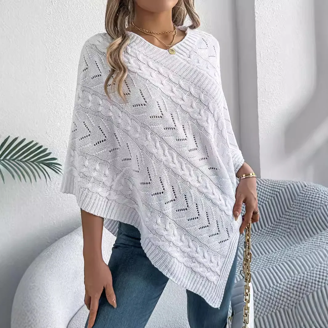 Autumn Winter V-Neck Shawl Cloak Sweater Women Casual Loose Knitting Pullover Ladies Vintage Elegant Solid Color Cape Coat