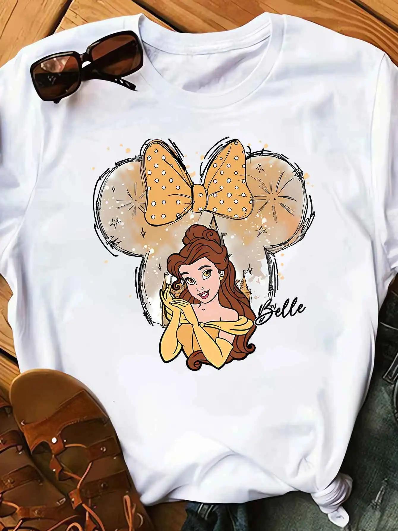 

Disney Princess Graphic Printing Summer Autumn Winter Cotton Men's and Women's T-Shirts Short Sleeves Luxury Outdoor Sports