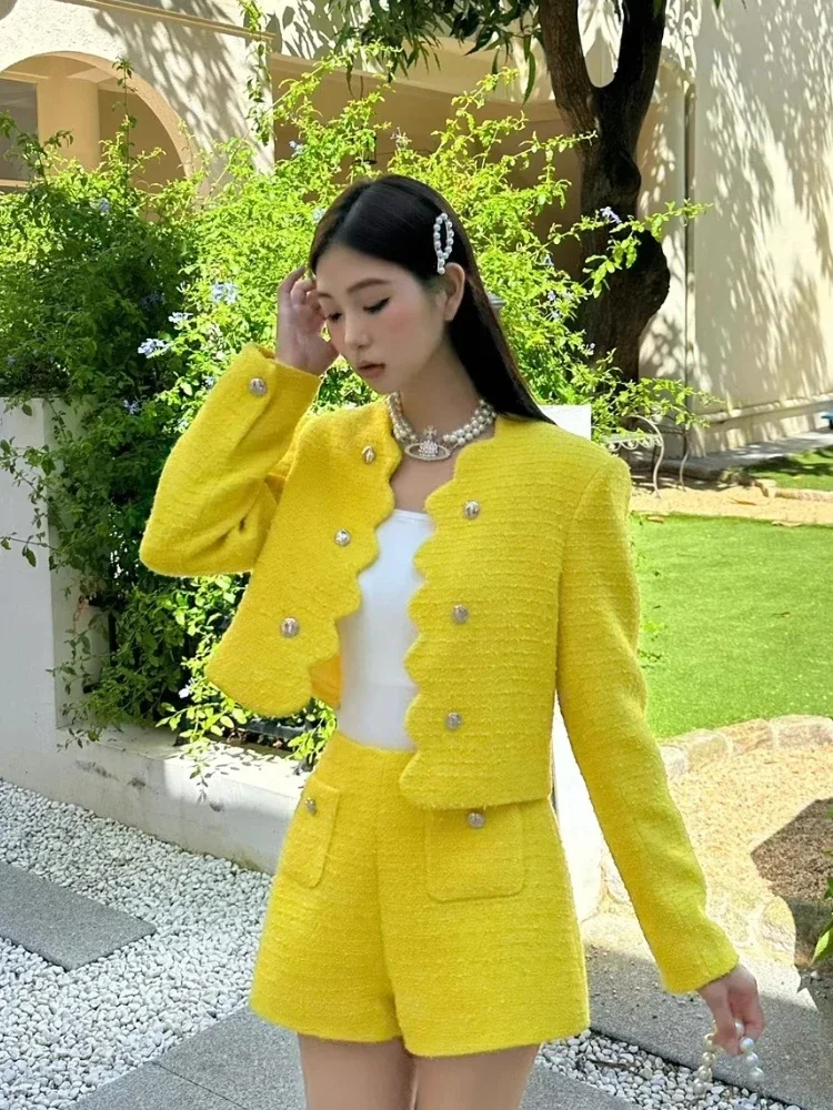 Elegant Tweed Lemon Yellow Suit Fall/Winter New French Commuter Wave Edge Short Coat+High Waist Shorts Slim 2-Piece Sets Women