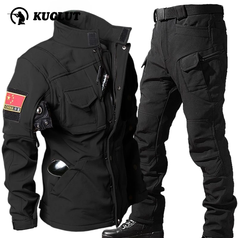 Outdoor Men Shark Skin Soft Shell Set Fleece Warm Tactics Suit Multi Pocket Wear-resistant Charge Jacket+Waterproof Pant 2-piece