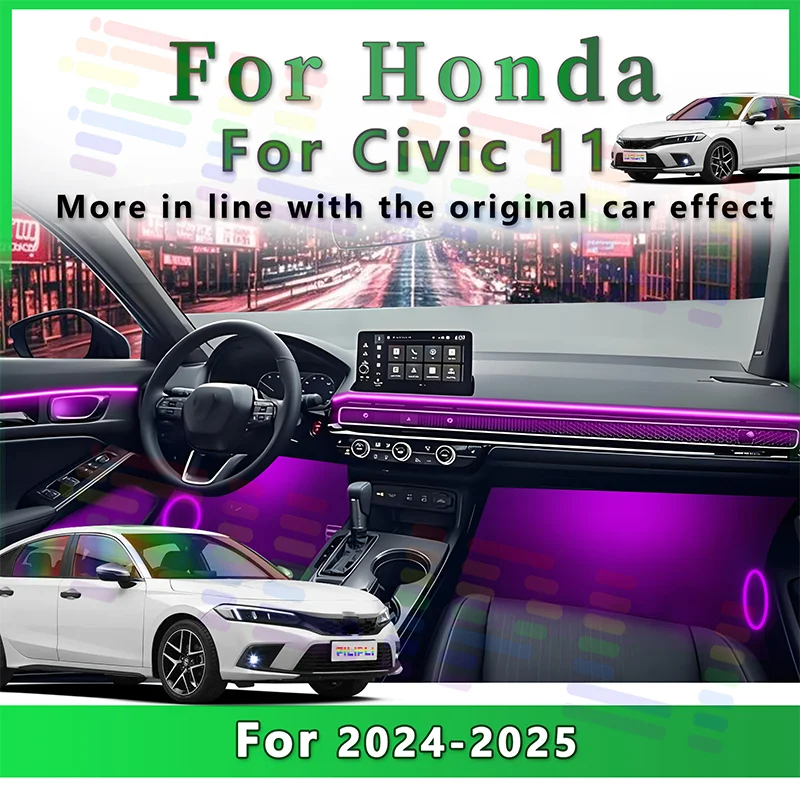 For Honda Civic FE/FL 2024 2025 2026 Superior Invisible Acrylic LED Auto Interior Ambient Strips RGB Mobile APP-Controlled Glow