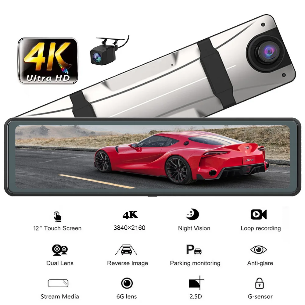 

New 4K CAR DVR Dashcam 12 "rearview mirror streaming three-lens recorder Support GPS Wifi 4K Car Video Recorder Cyclic recording