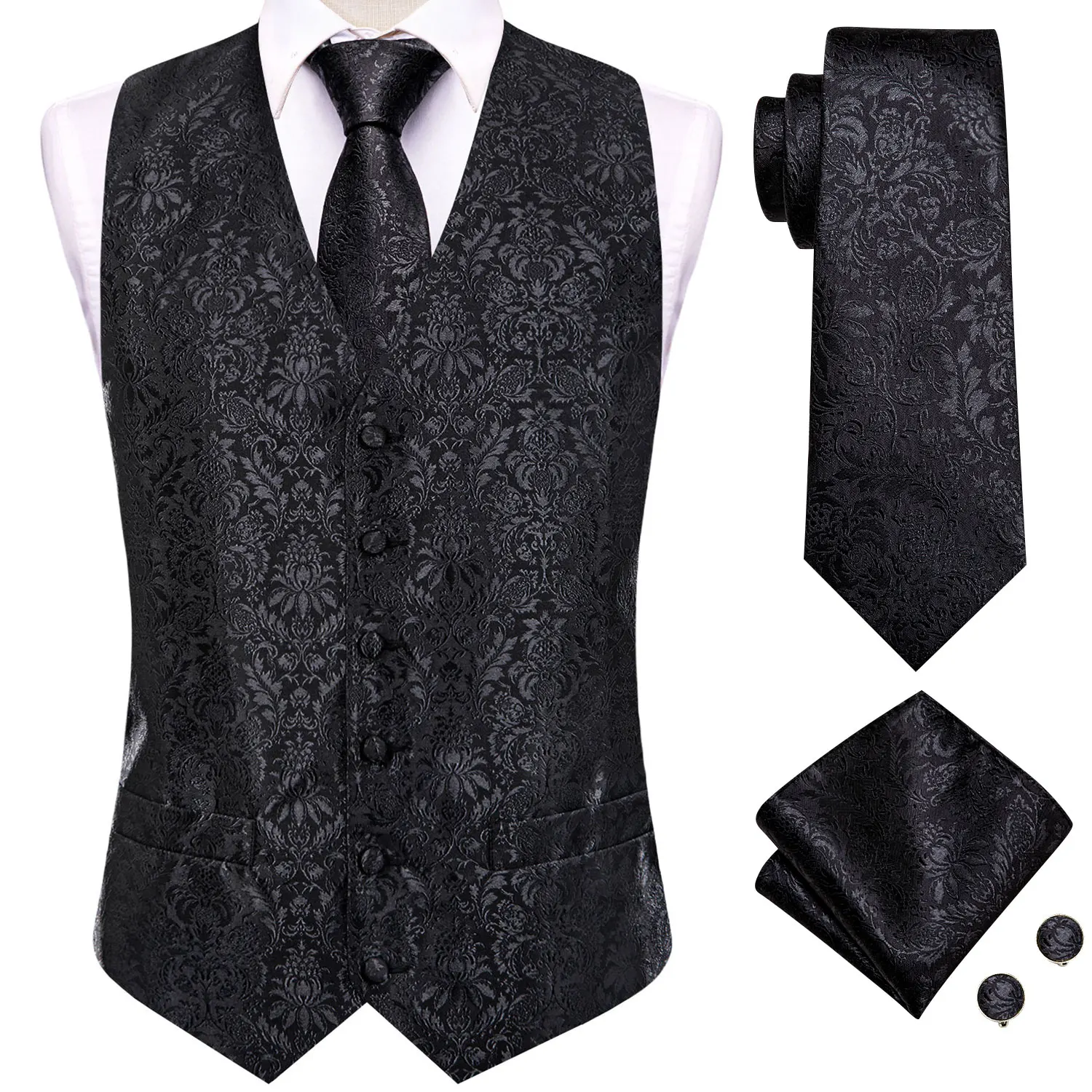 Hi-Tie 4PC Black Silk Mens Suit Vests Woven Floral Waistcoat Tie Pocket Square Cufflink Business Wedding Dress Waist Jacket