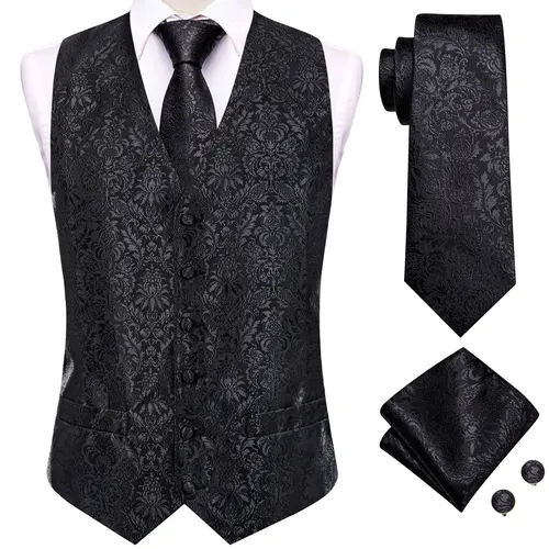 Imagen 2 del producto Hi-Tie-chalecos de traje de seda negra para hombre, chaleco tejido Floral, corbata de bolsillo, gemelos cuadrados, chaqueta de cintura para vestido de boda de negocios, 4 piezas