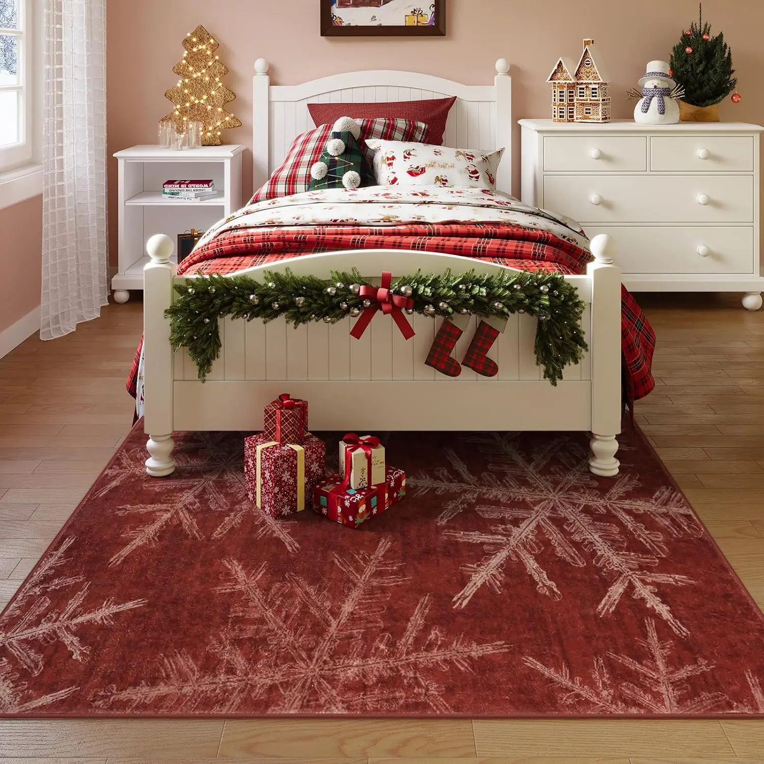 Snowflake Christmas Area Rugs,Indoor Christmas Rug for Bedroom Non Slip Washable Living Room Rugs Holiday Decor Soft Red Rug