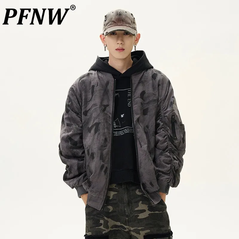 

PFNW American Pleated Design Dirty Dye Jacket Men's High Street Stand Collar Baseball New Fashion Male Tops 2024 Autumn 28W4903