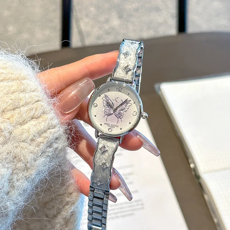 ساعة يد نسائية بسوار، ساعة يد بمزاج حالم رمادي، ساعة كوارتز فاخرة خفيفة، ساعة يد كوارتز عصرية.