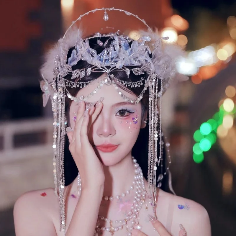 

New Fairy T Mermaid Girl Hair Accories Tiara Ultra Fairy Tassel Bridal Headwear Ancient Sle Ornament Hanfu Accories