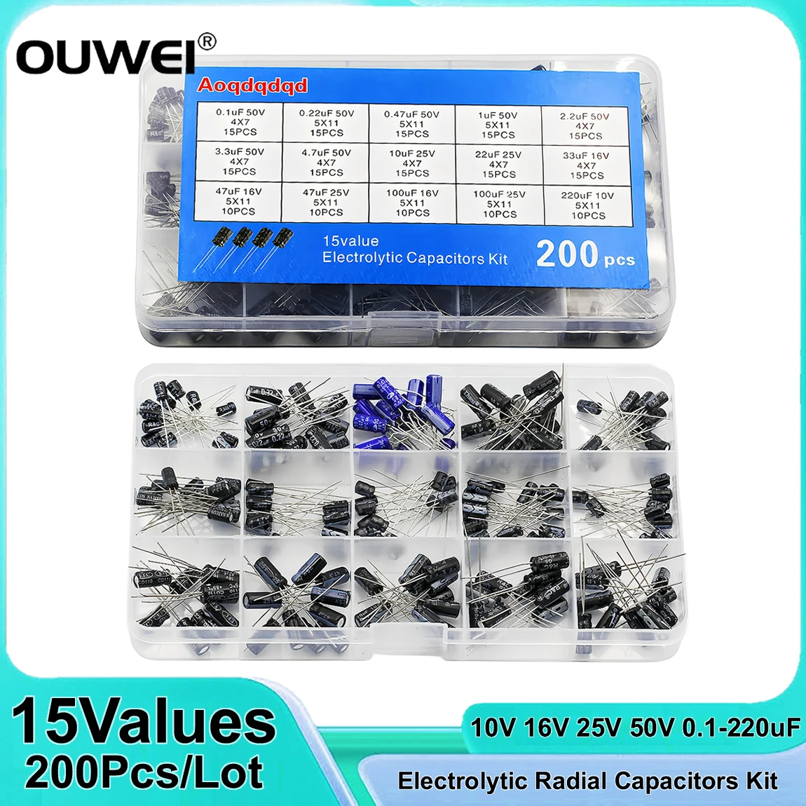 

200PCS/LOT Radial Capacitors Set 15Values Electrolytic Capacitor Assortment Kit 10V 16V 25V 50V 0.1uF-220uF 0.22uf 2.2uf 100uf