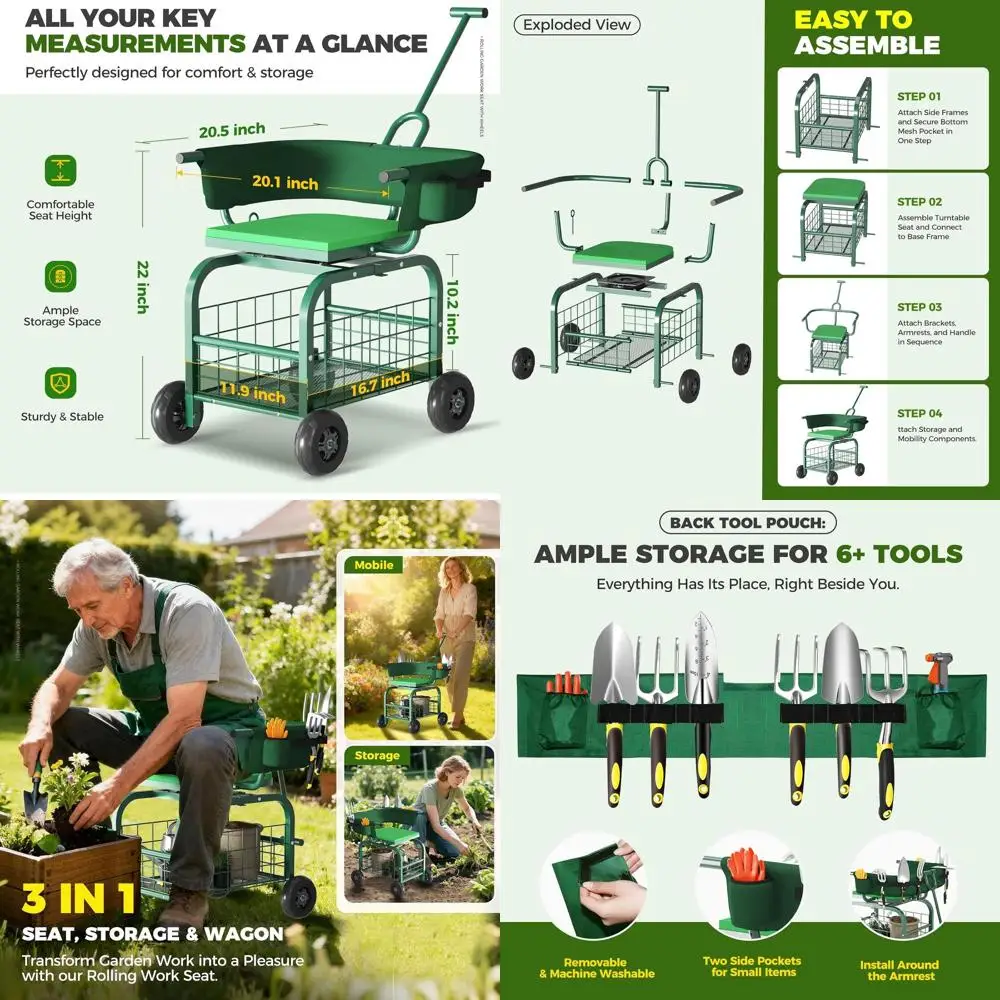 

Adjustable Garden Scooter with 360° Swivel Seat, Storage Basket, and Backrest for Seniors