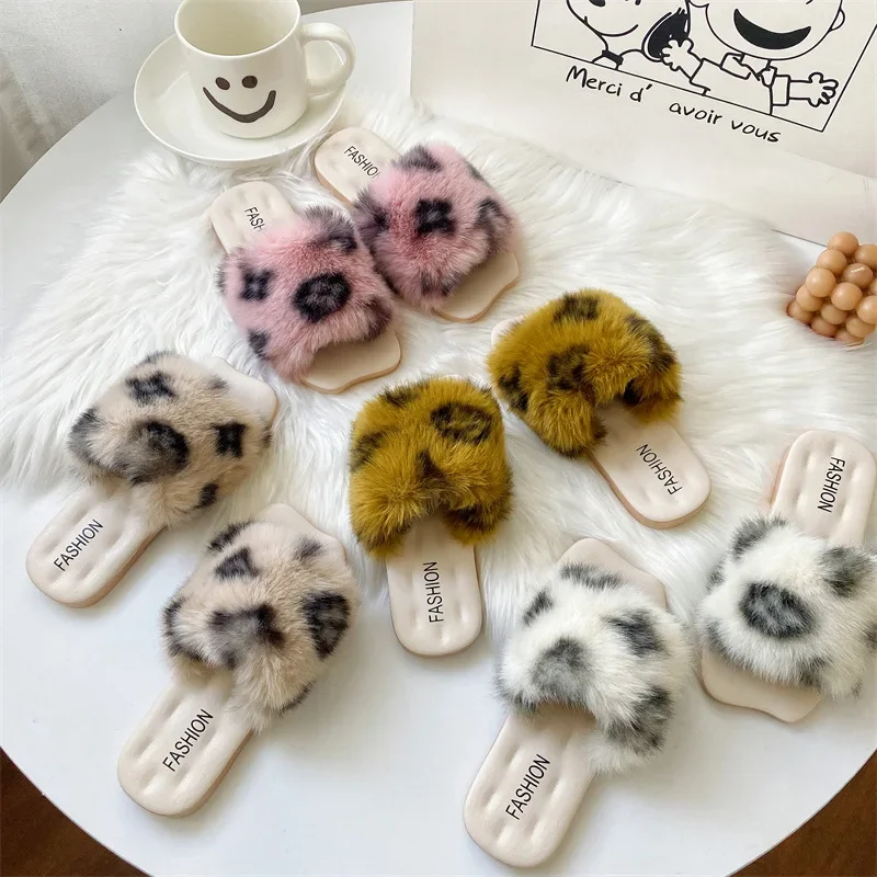 Children Fluffy Slippers Autumn Winter Outdoor Princess Flat Slippers Fashion Open Toe Soft Sole Girls Shoes Faux Fur Kids Shoes