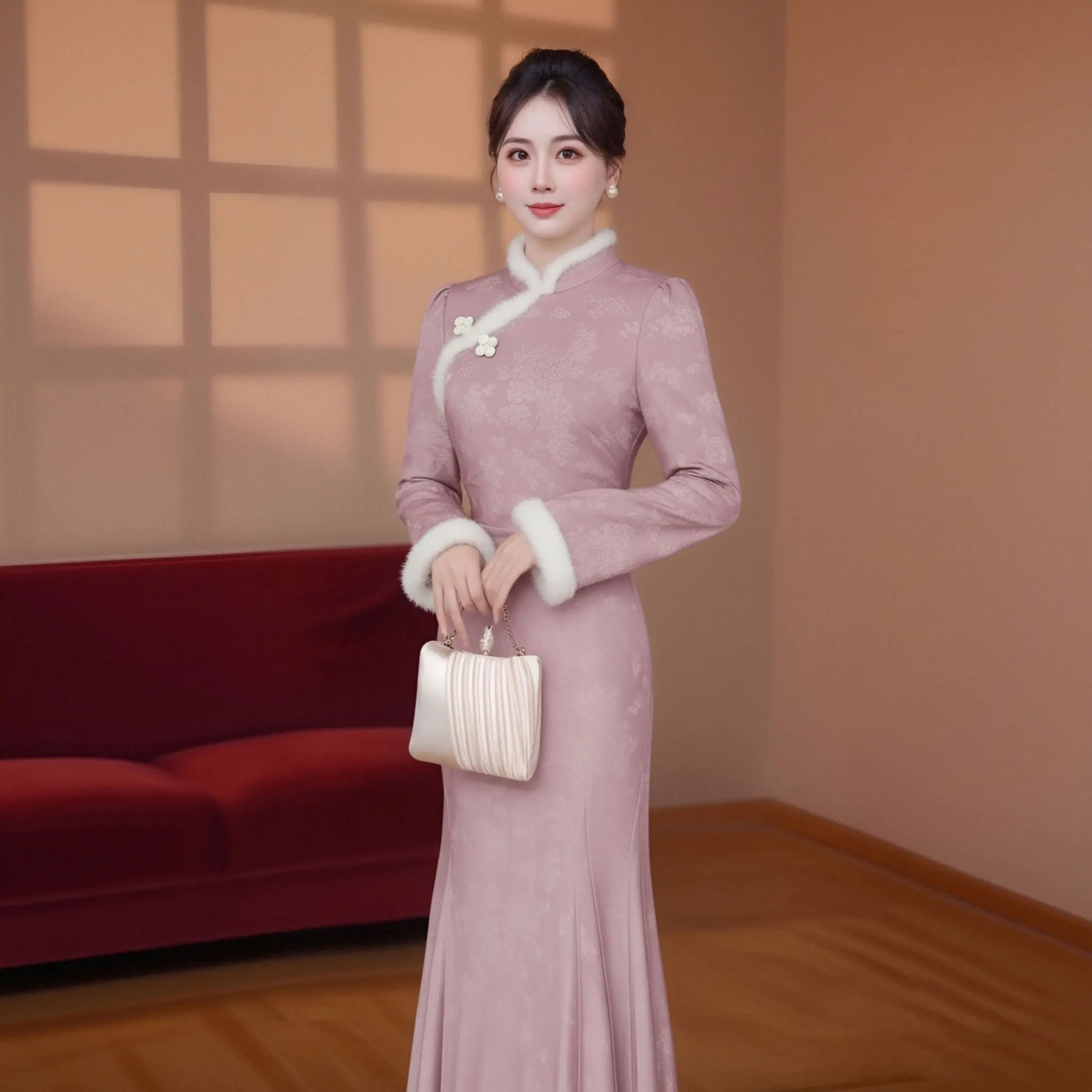 

Утепленное флисовое фиолетовое платье-ципао для женщин, осень-зима 2026, улучшенная модель