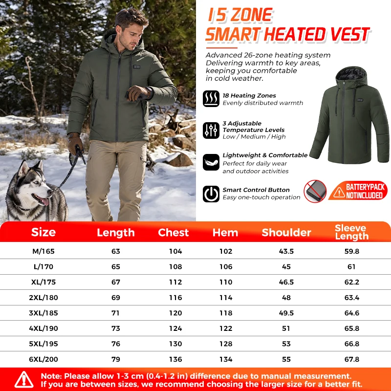 Heated Jacket 15 Zones Fast Warmth USB Heater Smart Heating Unisex Winter Warm Lightweight Windproof Thermal Outdoor Coat