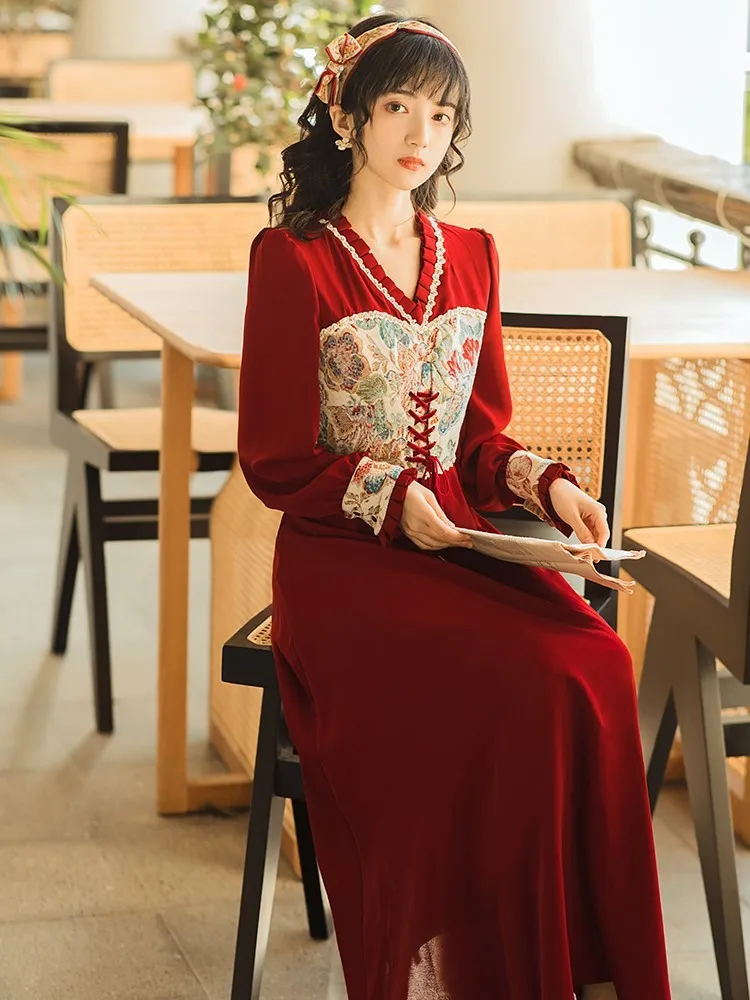 Vintage Court Style Autumn Embroidery Royal Dress Patchwork High Waist Bandage Dress Womrn Elegant Dinner Party Evening Robe