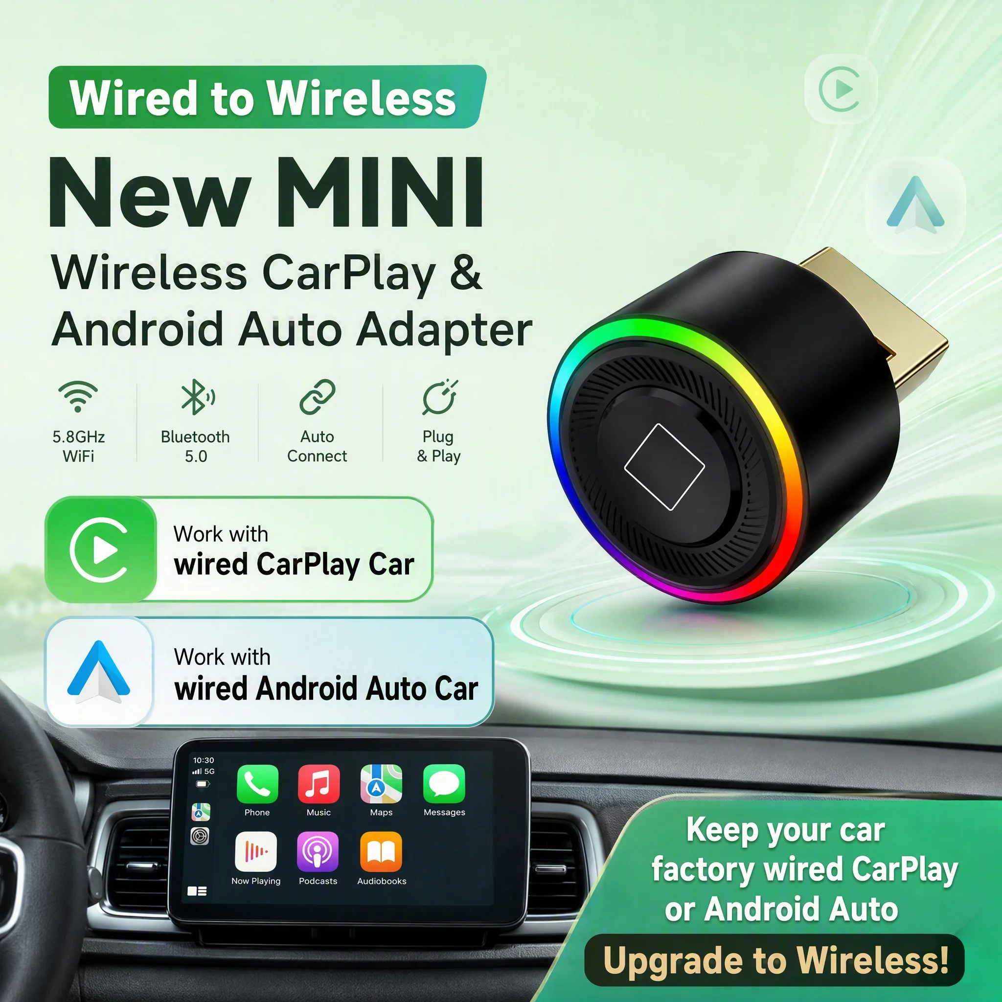 New Super Mini Carplay AI Box Wired to Wireless CarPlay/Android Auto 2in1 Box 5GHz WiFi5 for 99% Original Wired CarPlay/Auto Car