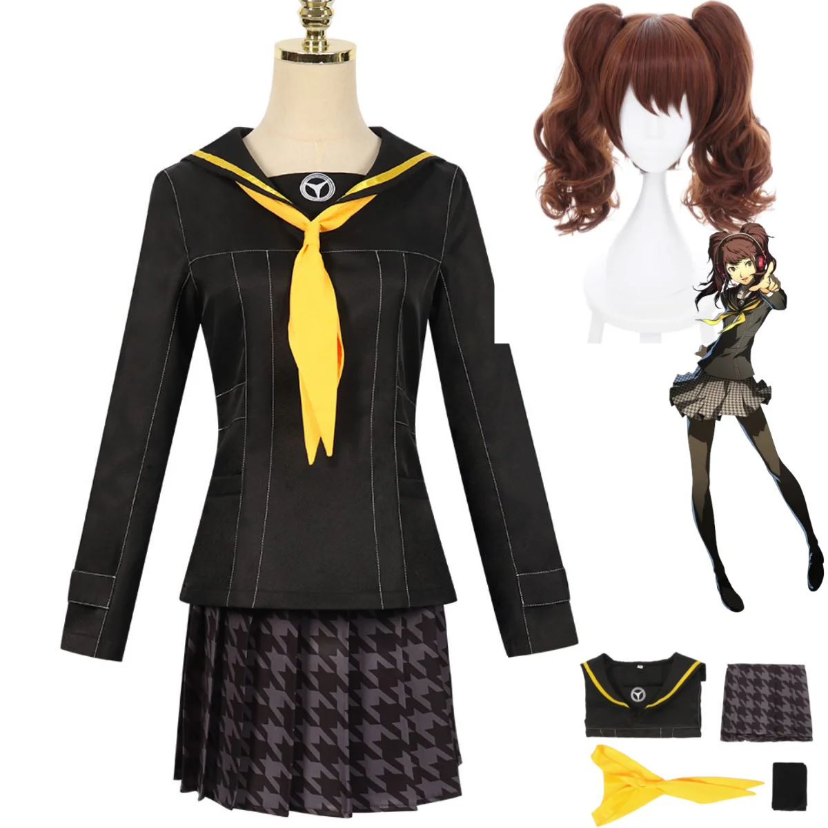 Anime Game Persona 4 Kujikawa Rise Cosplay Costume P4 Wig Black JK School Uniforms Plaid Skirt Woman Lovely Campus Sailor Suit