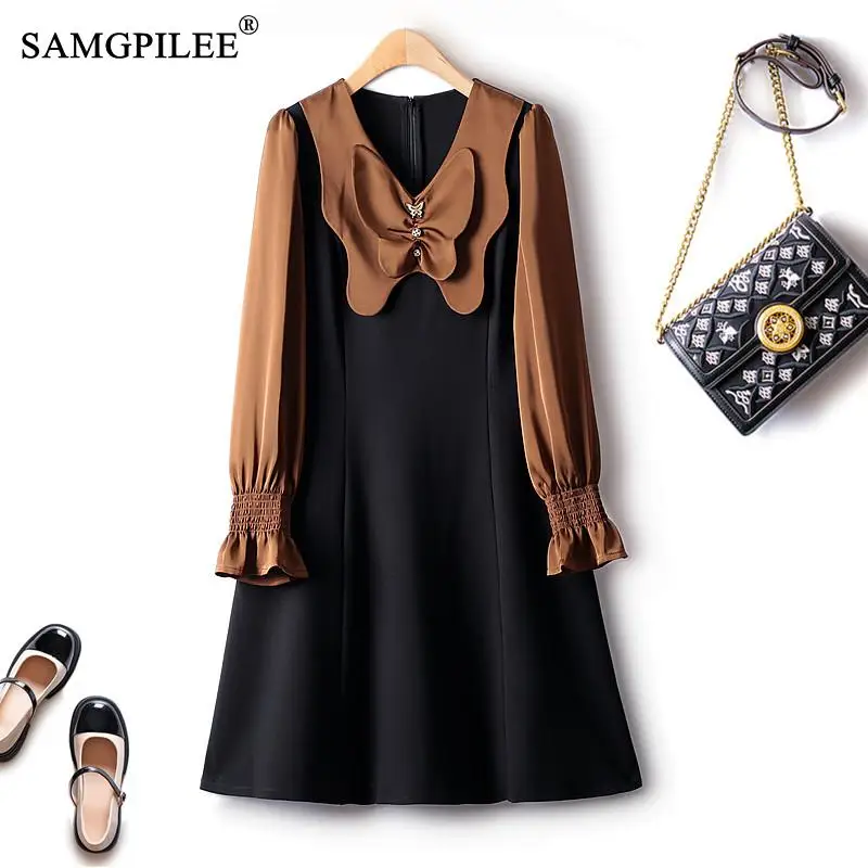 

Elegant Women's Dresses New French Style Elegant Ruffled Stitching Fake Two-piece V-neck Slim Black 2022 Autumn Winter Dress 4XL