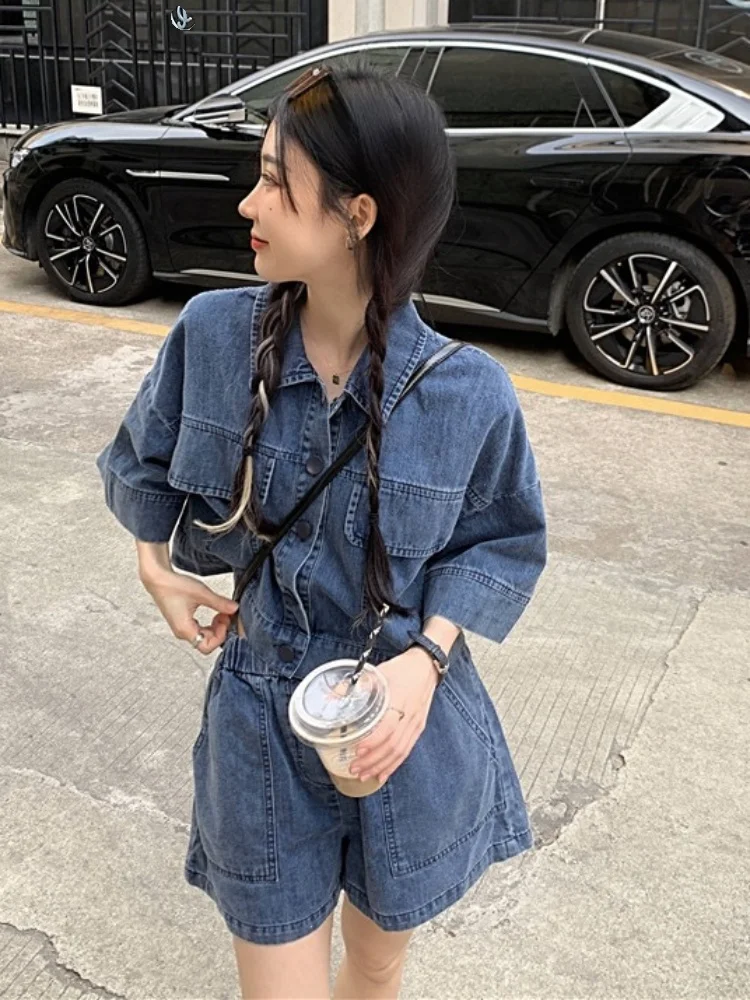 

Deep Blue Denim Set Women Summer New Sle College Wind Salt System Sweet Cool Spicy Girl Loose Casual orts Two Piece Set