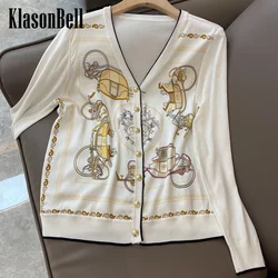 3.7 KlasonBell 2024 New Silk Print Spliced V-Neck Gold Button Loose Thin Knitted Cardigan Coat Women