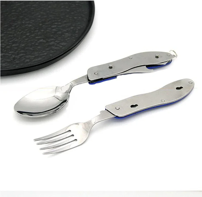 Tablespoon Set 4 In 1 Foldable Spoon Knife fork bottle opener Stainless Steel Folding Pocket Kits Outdoor Tableware Set