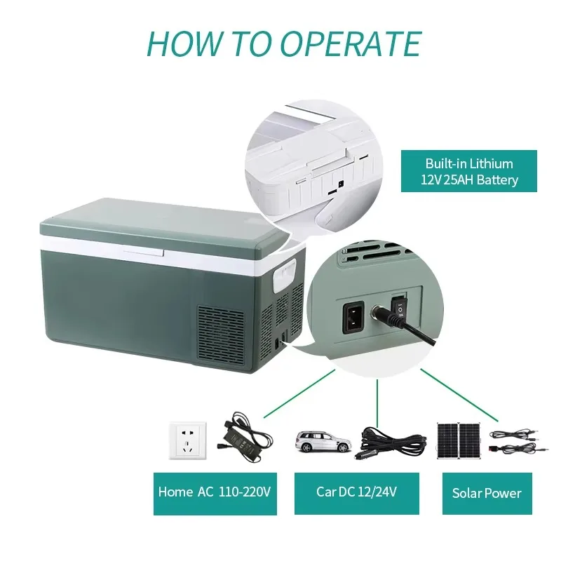 ثلاجة سيارة محمولة، ثلاجة سيارة تعمل بالطاقة الشمسية سعة 25 لترًا مع بطارية مدمجة قابلة للاستبدال