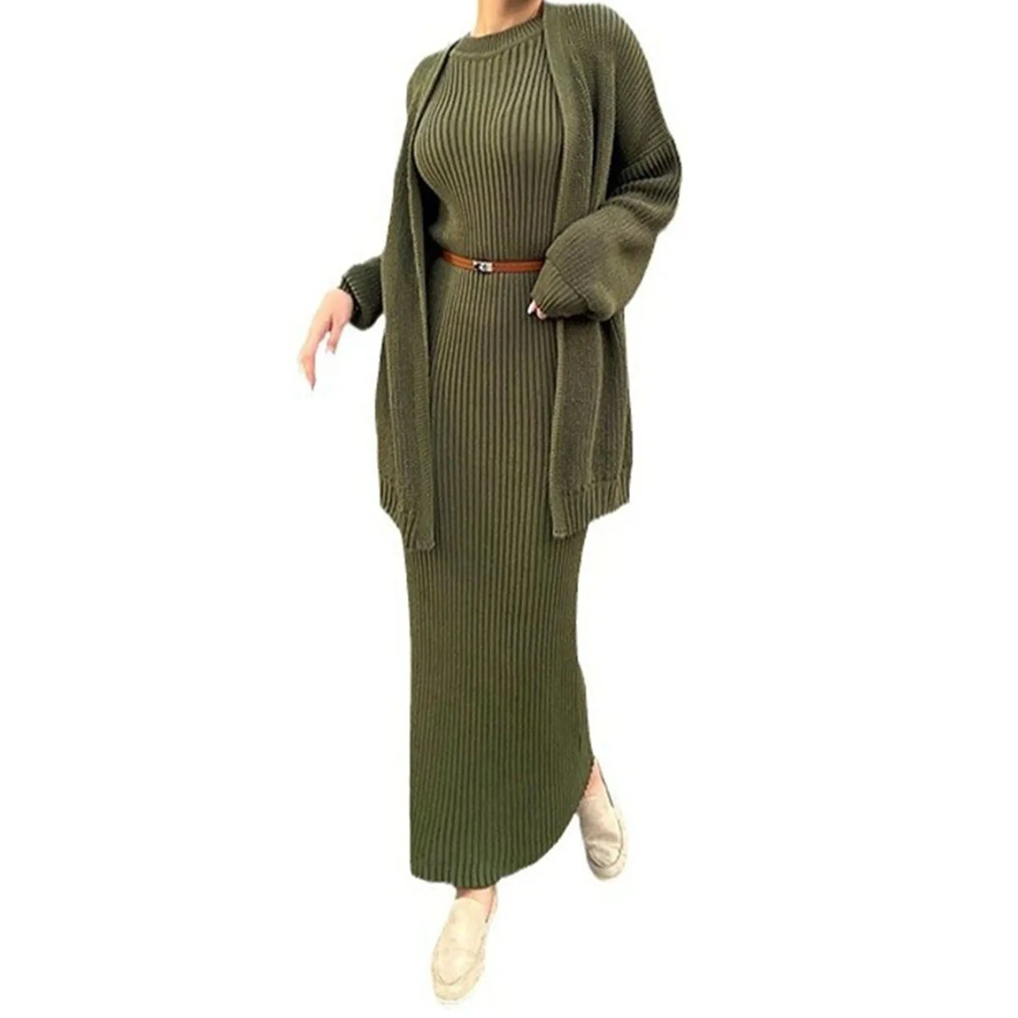 Women\'s Knitted Sweater Long Skirt Set Casual Long Sleeved Cardigan and Skinny Fashion Autumn Winter Lazy Style Long Dress Set