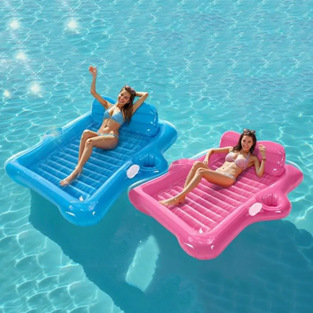 Outdoor Adult Double Inflatable Water Floating Bed Spray Pool Float Lounger with Cup Hole Sun Tanning Water Raft