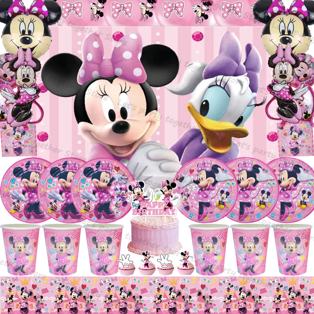 

Disney Minnie Mouse Children's Birthday Party Decoration Tableware Party Accessories Plate Cup Napkin Latex Ballon Gift Supplies