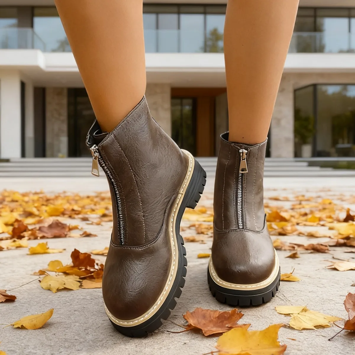 

Women's Thick-Soled Front Zipper Ankle Boots Winter Fashion Large-Sized Retro Muffin Style 2025 New Arrival