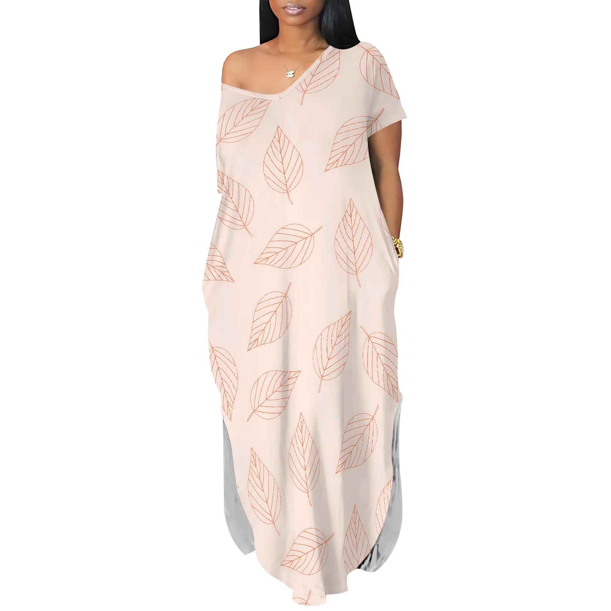 Boho บทคัดย่อพิมพ์ชุด Maxi หลวมปิดไหล่ฤดูร้อนชุดผู้หญิงลําลองแขนสั้น Beachwear