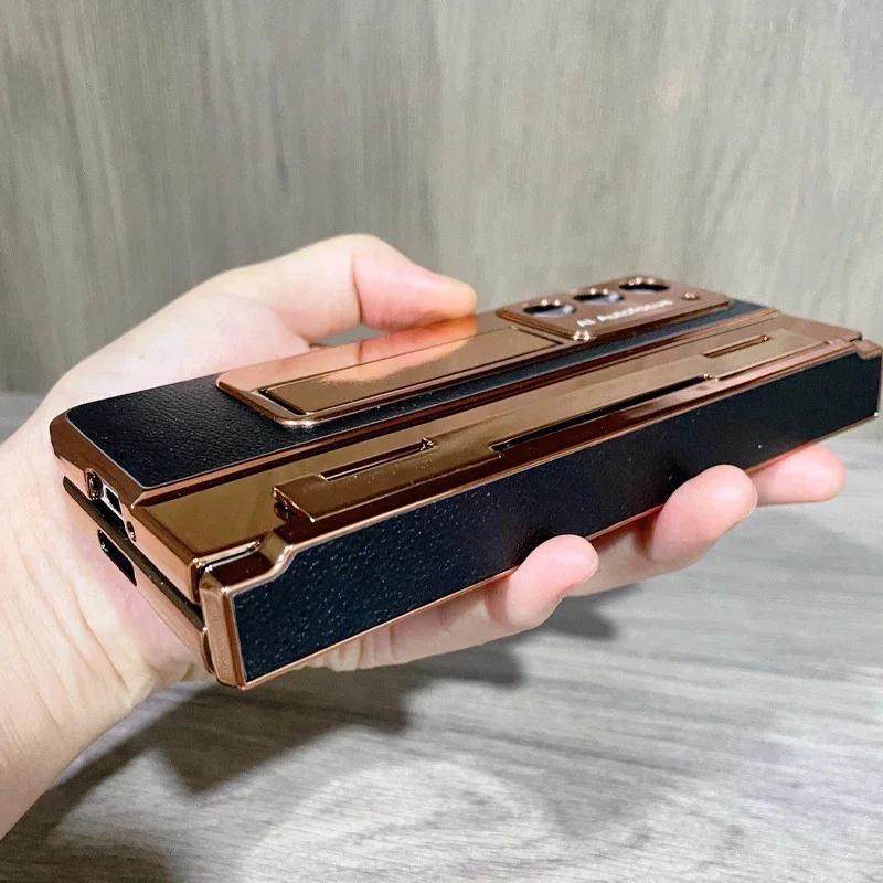 

For Samsung Galaxy Z Fold7 Fold6 Z Fold 5 4 3 5G Case With Screen Protector Luxury Leather One-Piece Plating Stand Cover Gold