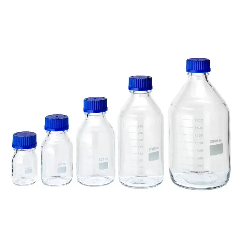 100ml 250ml 500ml 1000ml High Borosilicate 3.3 Laboratory Glass Threaded Reagent Sample Screw Blue Cap Storage Refillable Bottle