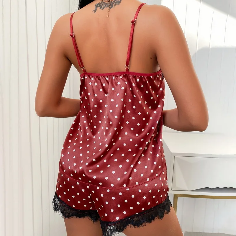 Lace Border Women's Sexy Pajamas 2 Pieces Seduce Sexy Underwear Deep V Lace Suspender Skirt Shorts Home Clothes Set