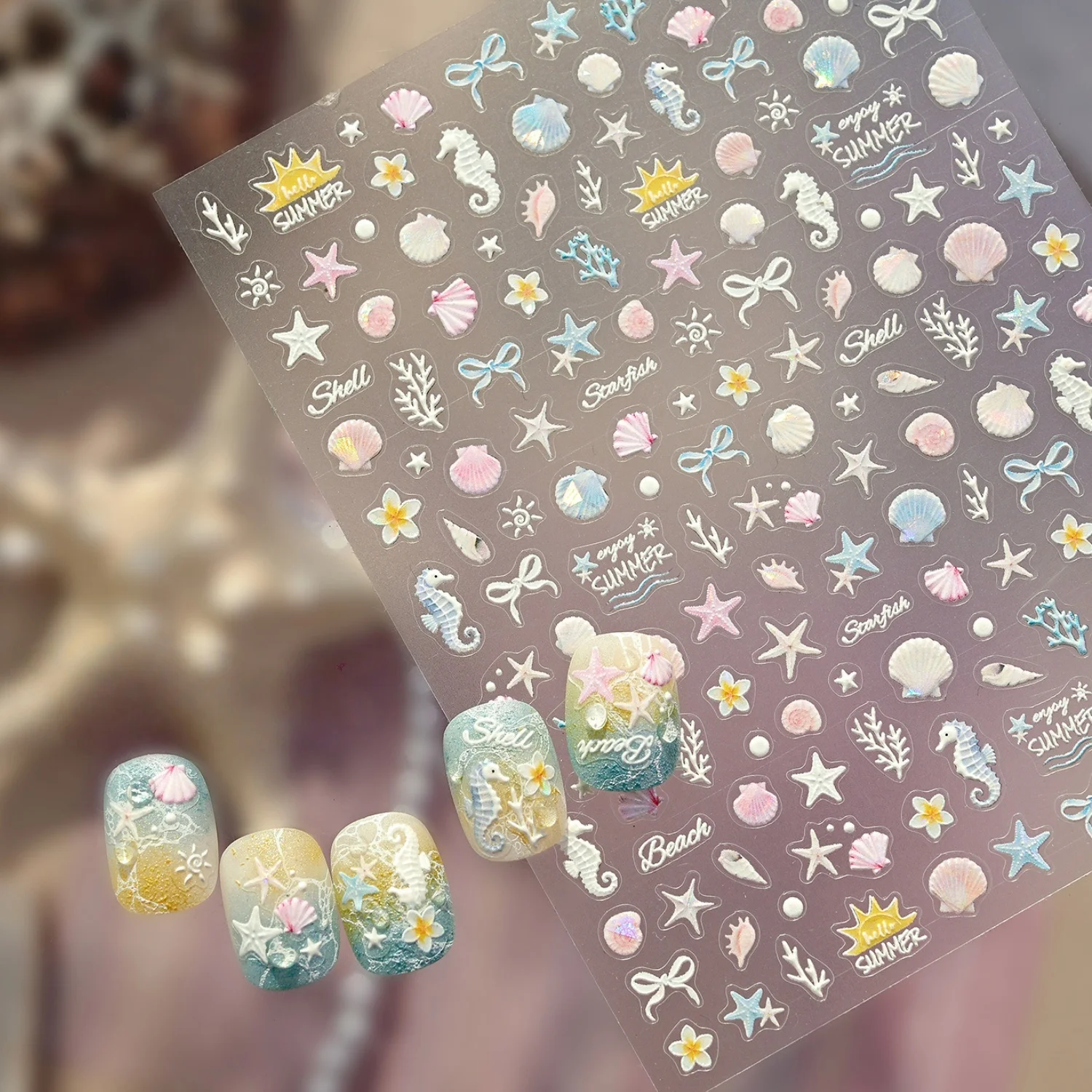 Ozeanmuschel Sommer Strand Holographische Muscheln Seesterne Seepferdchen Korallen Sommerfrische 5D Geprägte Nagelaufkleber Nagelkunst-Abziehbilder