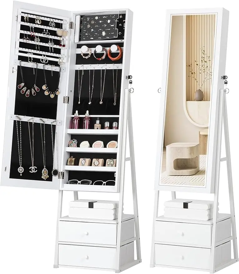 Jewelry Cabinet Armoire with 2 Drawers, Lockable Standing Jewelry Mirror Cabinet, Full Length Mirror with Jewelry Stora