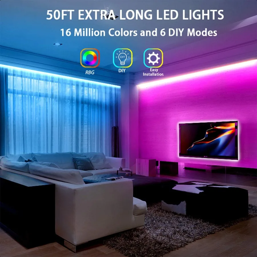 Led Lights for Bedroom 50ft2 Rolls of 25ft RGB 5050 Led Strip Lights Color Changing Kit with 44 Keys Remote Controller and 12V