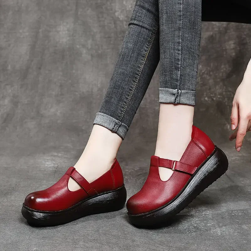 2024 Handmade Retro Style Women Platform Shoes Spring Summer Genuine Cow Leather Wedges Heel Shallow Casual Shoes