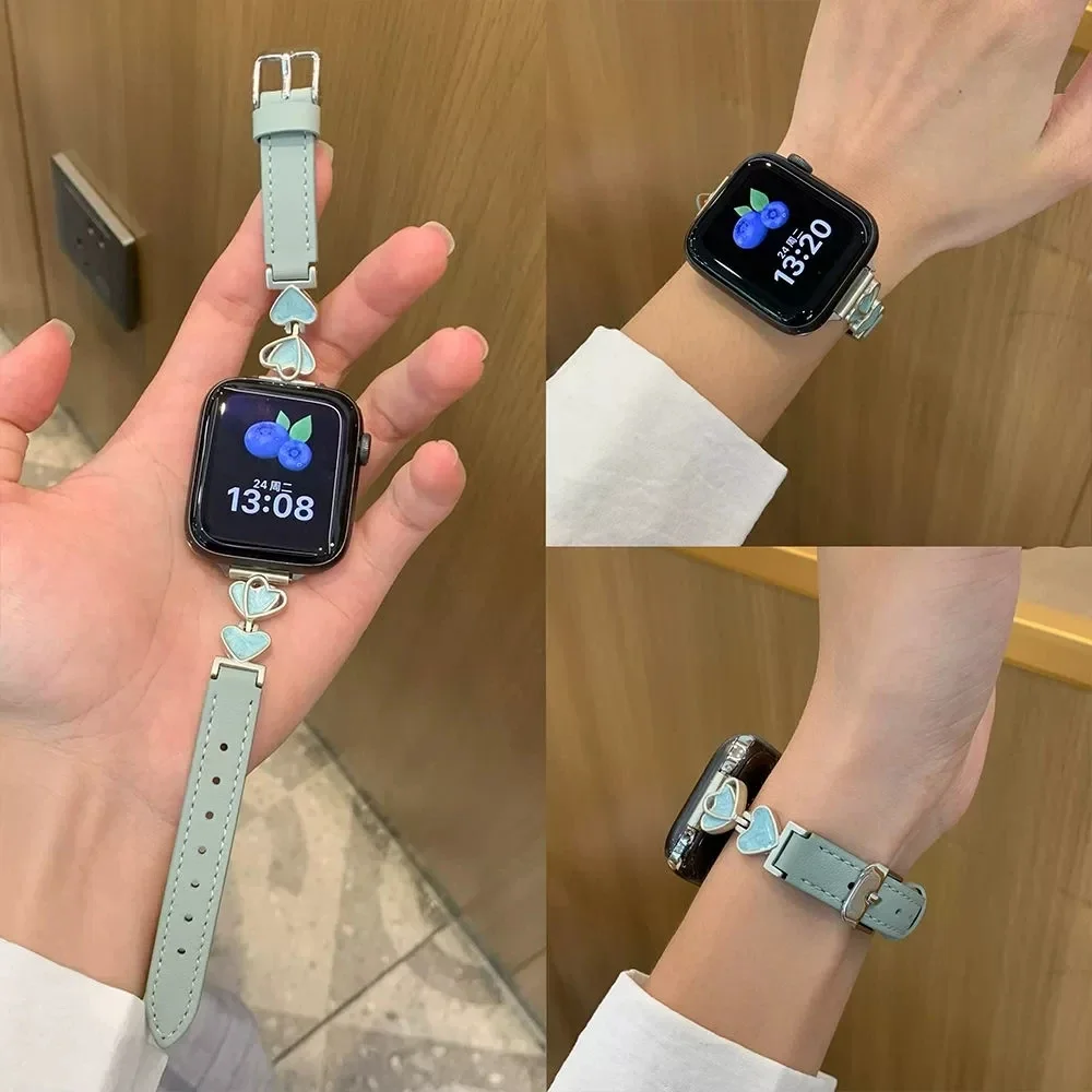 Отличная кожаная петля в форме сердца для Apple Watch, женский ремешок 10/9/8/7/6/5/4/3 SE, 38 мм, 40 мм, 41 мм, 42 мм, 44 мм, 45 мм, 46 мм, 49 мм, ремешок