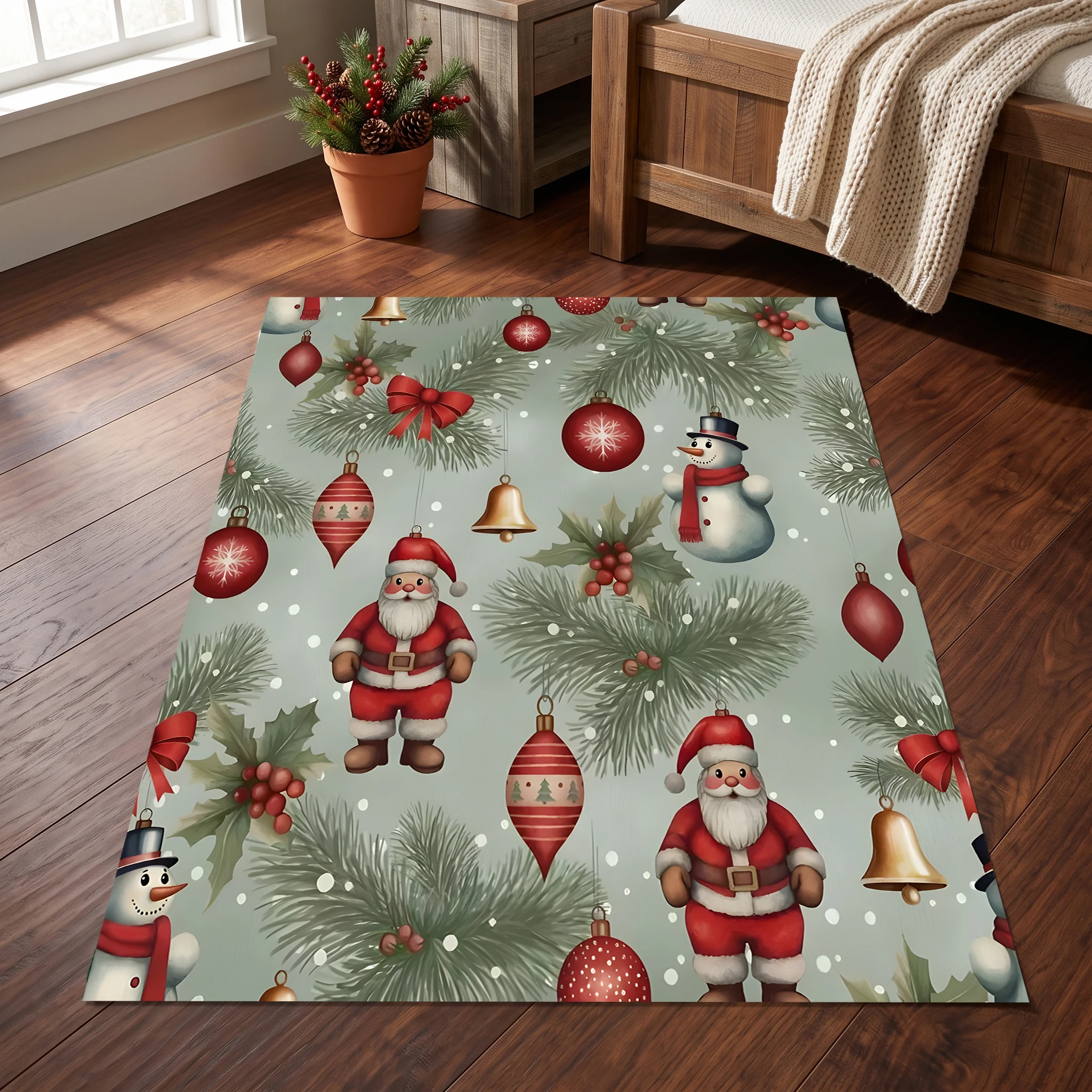 Velvet Rug Santa Claus Snowman Pine Branch Ornament Retro Cozy Style for Entryway Bedroom Living Room Home Decor