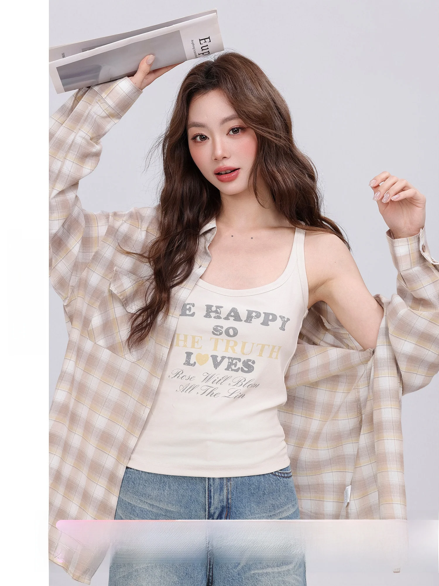 

Tide Long Sleeve Casual Top Vintage Grid Shirt Women's Vest Spring 2026 New Style Loose Fit Polyester Fiber Regular Sleeve