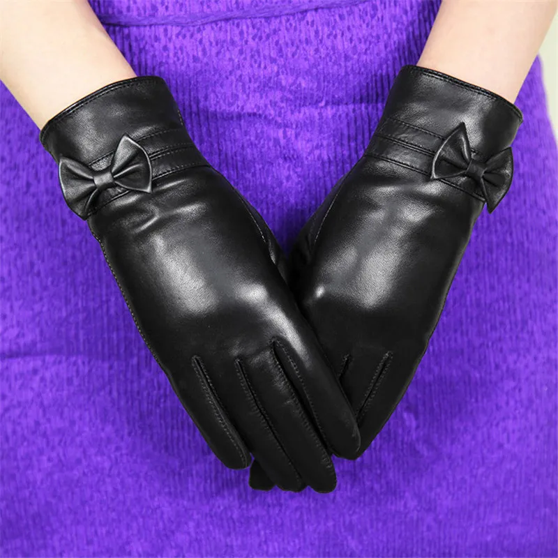 Real Leather Women Gloves Fashion Wrist Butterfly Knots Autumn Winter Thermal Black Sheepskin Driving Gloves Female XC-104L