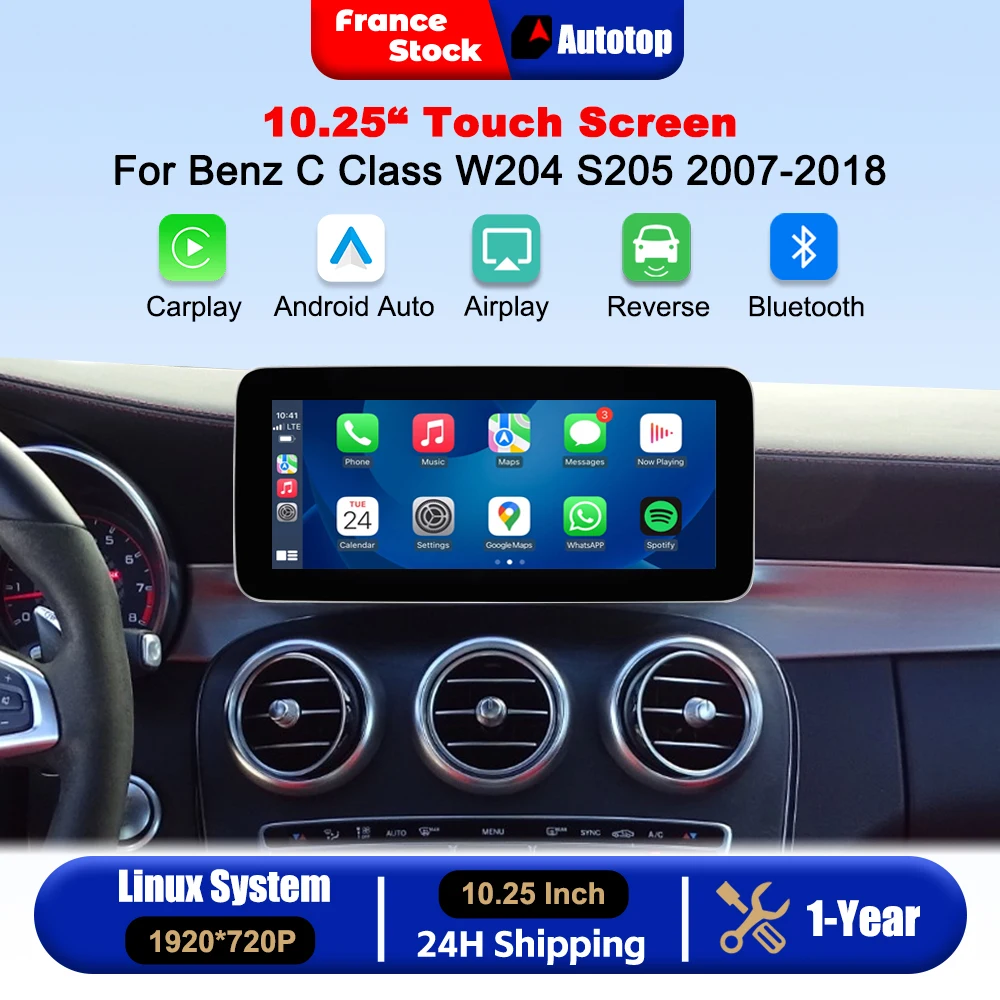 Wireless CarPlay Android Auto 10.25 Inch Touch Screen For Mercedes Benz C Class W204 S205 C204 2007-2018 NTG4.0/4.5/5.0 Car Intelligent Systems Smart Multimedia Car Radio With Bluetooth GPS Navigation Autolink Navi Mirror Link AirPlay