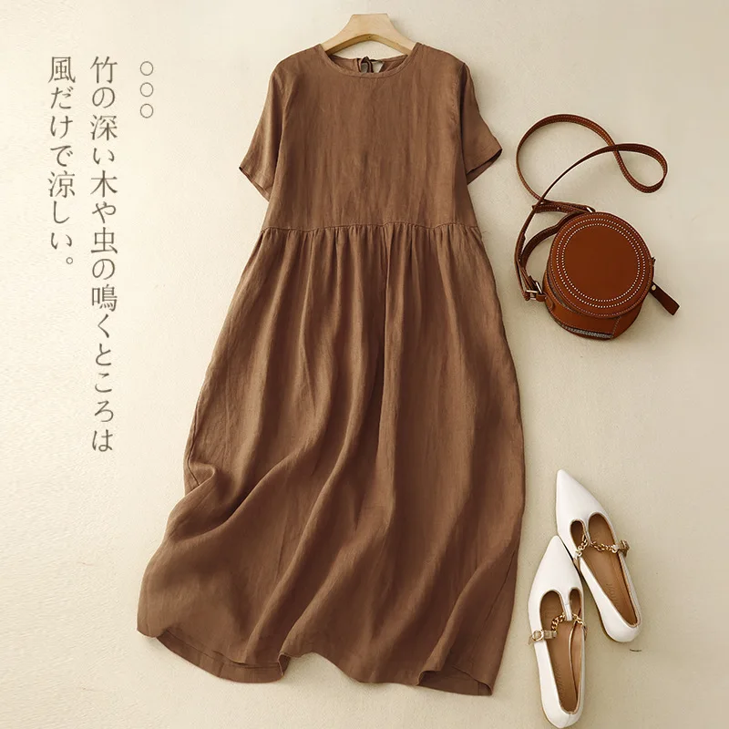 Women Cotton Linen Midi Dresses Summer Chic Female Vestidos Loose  A-Line Boho Dress Short Puffy Sleeve Casual Sundress New