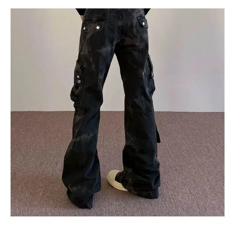 American autumn high street retro men and women trendy straight leg multi pocket work pants for couples micro flared pants y2k