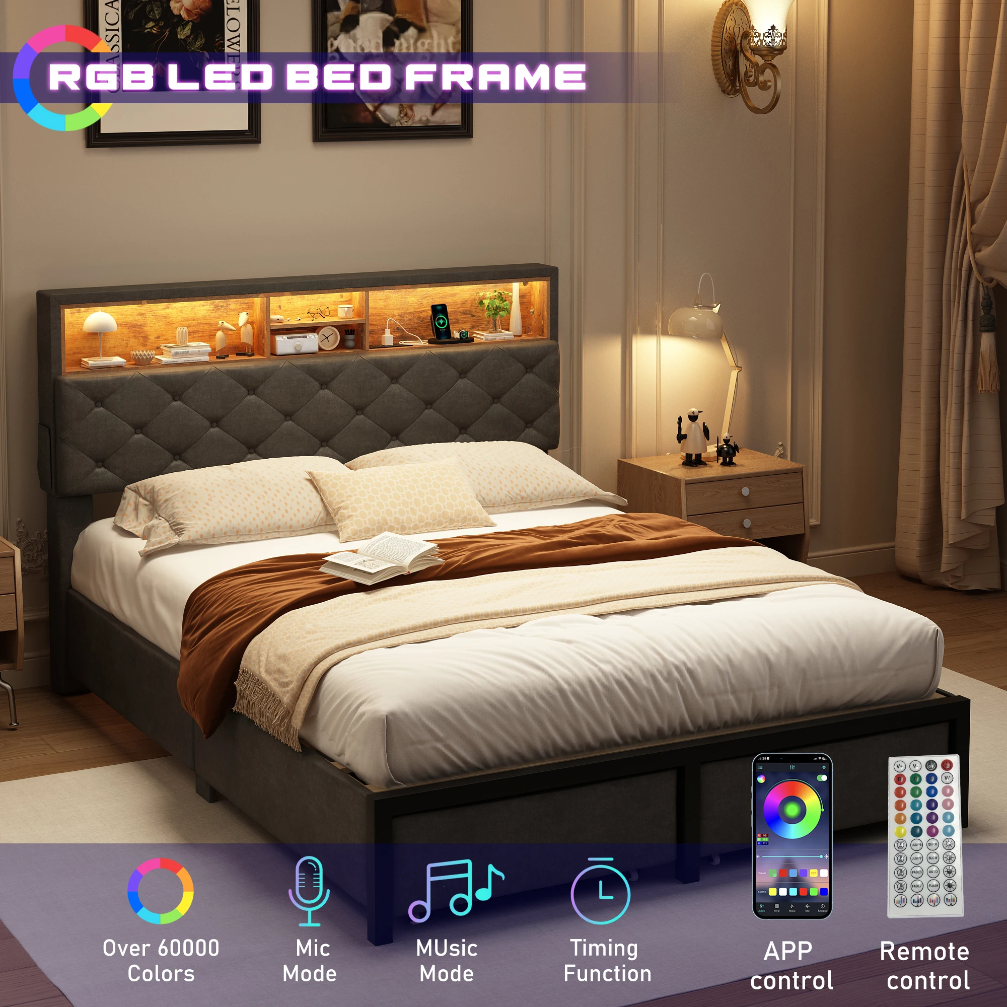 LED Queen Size Bed Frame, Storage Headboard & Charging Station, Upholstered Full Platform Bed Frame with 2 Storage Drawers