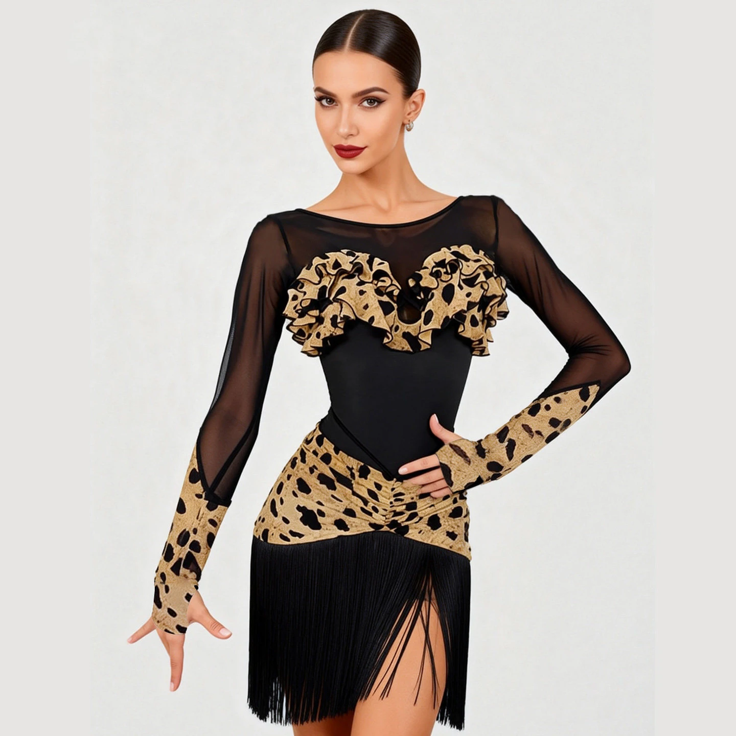 

Костюмы для латинских танцев, женские комбинезоны с леопардовым принтом и длинными рукавами, сетчатый комбинезон с бахромой, одежда для танцевальных выступлений DN20952