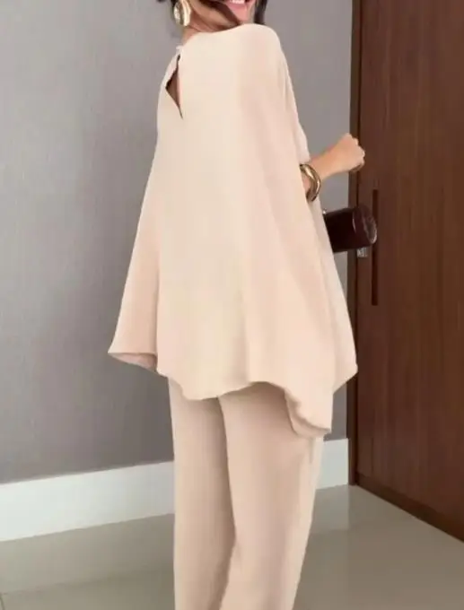 

Two Piece Set Women Outfit 2026 New Spring Autumn Elegant Pearl Embellished Split Sleeve Loose Top & Casual Wide Leg Pants Set