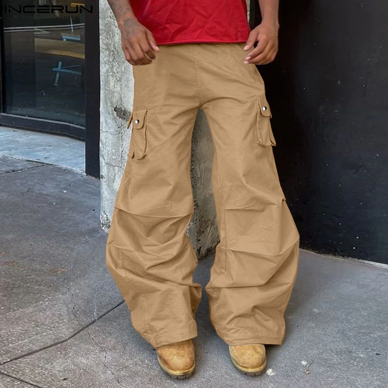 INCERUN 夏男性ワイドレッグパンツファッションカーゴパンツソリッドポケットプリーツ長ズボン特大パンタロン紳士服