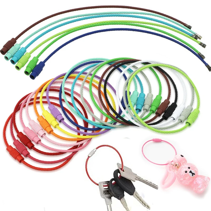 Wire Rope Key Chain Colorful Metal Wire Keychain Tag Ropes Steel Key Ring Keyring Circle Rope Cable Loop Luggage Tag Screw Lock