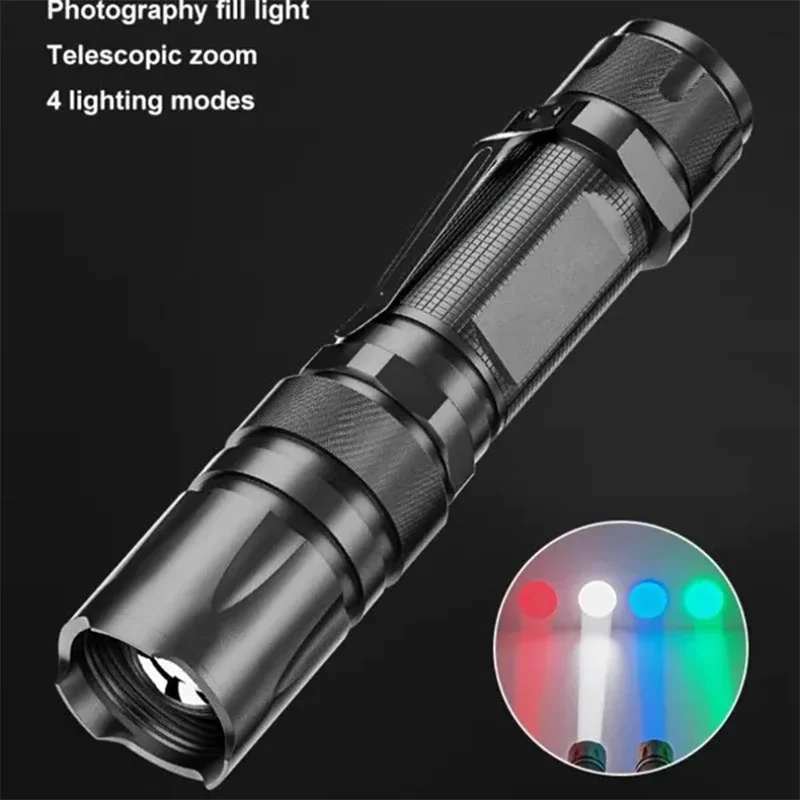 Powerful LED Flashlight Multicolor White/Red/Green/Blue Lighting Zoom Flashlights Outdoor Photographic Selfie Camping Light